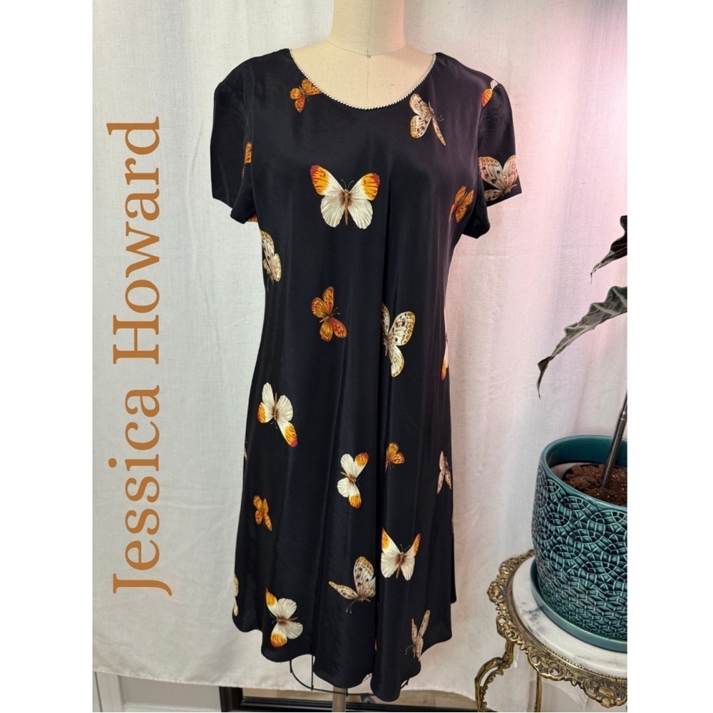 Jessica Howard Black Butterfly Print A-Line Midi Dress Elegant Garden Party - Picture 1 of 5